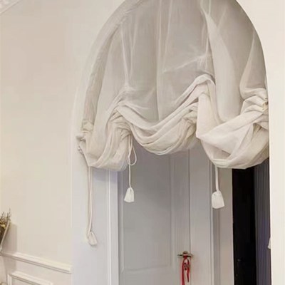 日式亚麻提拉帘弧形拱形门帘复古罗马帘魔术贴系带半帘升降帘隔断