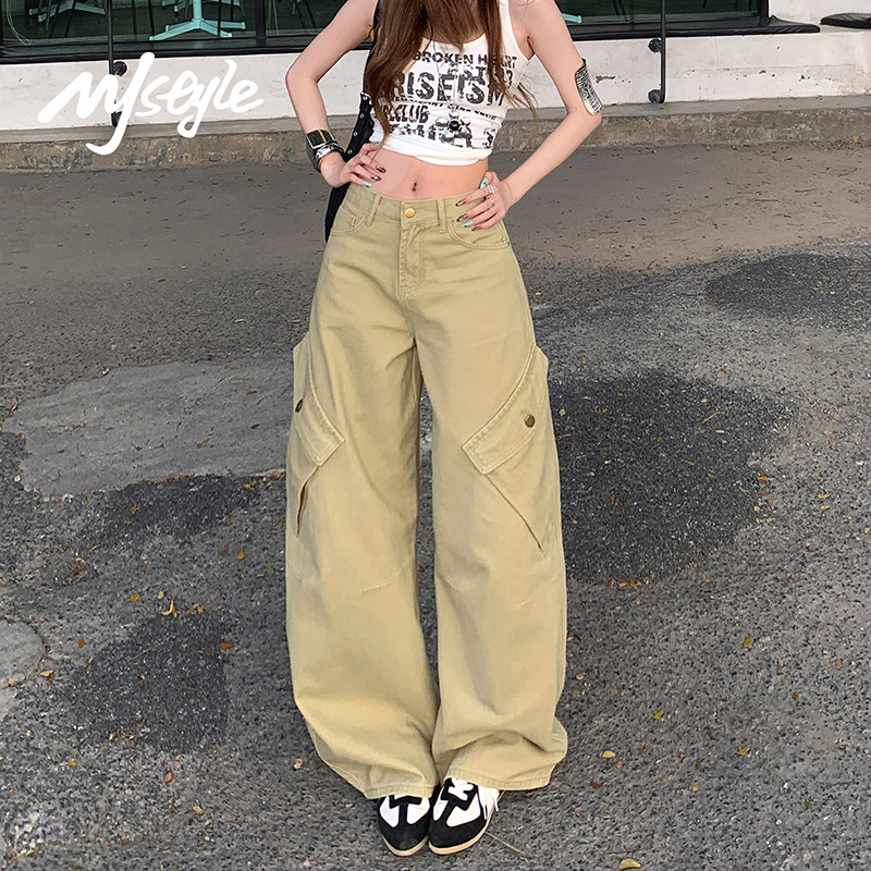 MJ STYLE卡其工装牛仔裤女2026春季夏季设计感弯刀裤宽松阔腿裤