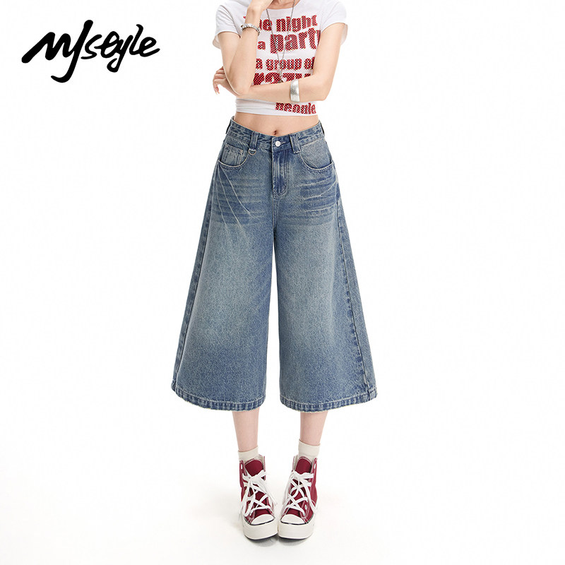 MJ STYLE复古蓝阔腿七分牛仔裤女2026年夏季新款短裤高腰阔腿裤子