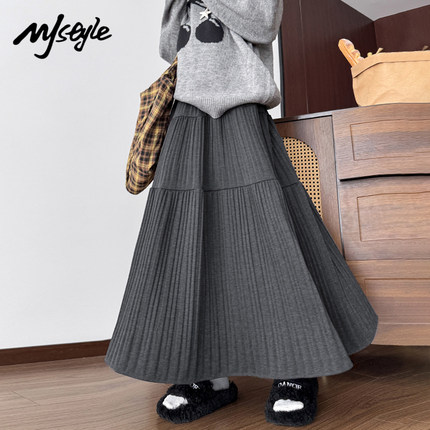 MJ STYLE复古针织百褶裙半身裙女2025秋冬高腰遮胯垂感A字大摆裙