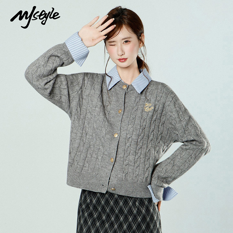 MJ STYLE韩系灰色假两件针织衫女2026春季新款经典麻花纹显瘦毛衣,女装/女士精品,毛衣,淘宝优惠券,粉丝福利购,淘宝优惠卷