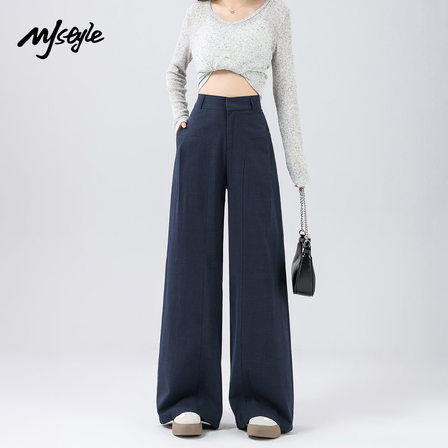 MJ STYLE藏青色亚麻直筒裤女士2025秋季新款高腰小个子休闲西装裤