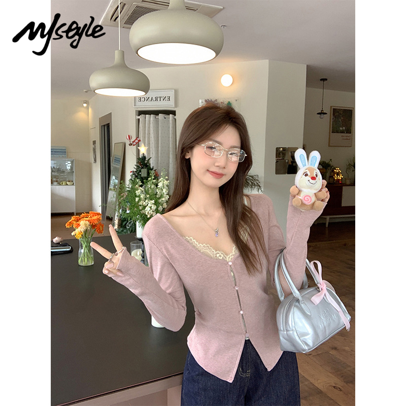 MJSTYLE蕾丝花边假两件开衫女秋