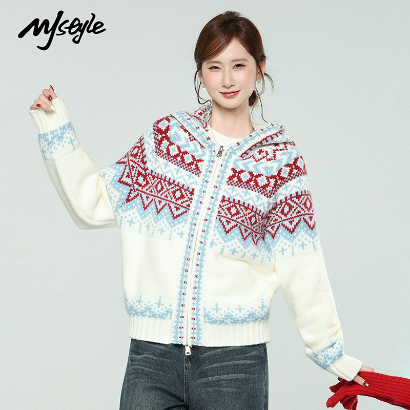 MJ STYLE费尔岛毛衫女2025冬季加厚毛衣外套针织开衫连帽毛织上衣