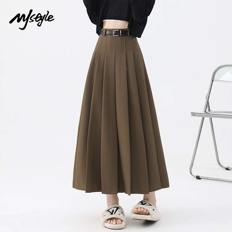 MJ STYLE咖色西装百褶裙女2025秋季新款A字裙高腰显瘦大摆半身裙