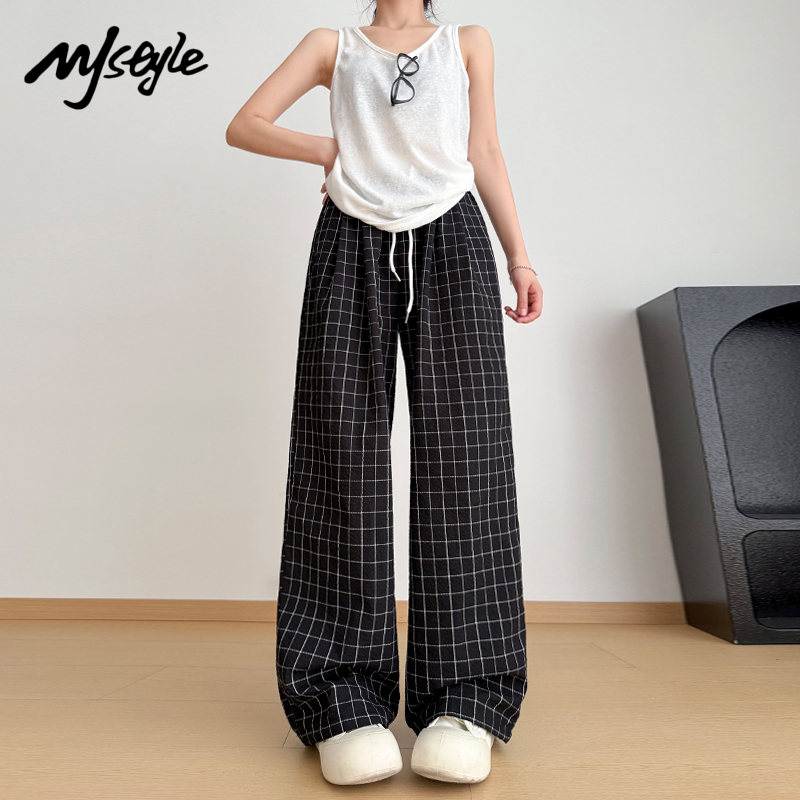 MJSTYLE藏青色格子阔腿裤女2025