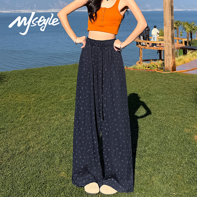 MJ STYLE碎花冰丝阔腿裤女2026夏季慵懒风拖地裤宽松垂感山本裤子