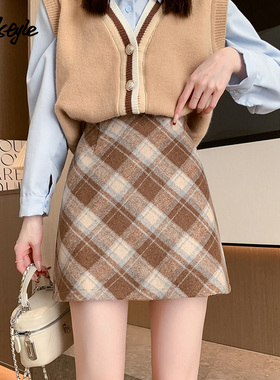 MJ STYLE毛呢格子半身裙女2025新款秋冬高腰a字防走光包臀短裙子