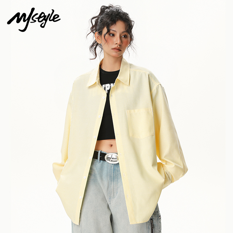 MJ STYLE衬衫外套女2025春款百搭宽松叠穿POLO领外套条纹情侣衫潮