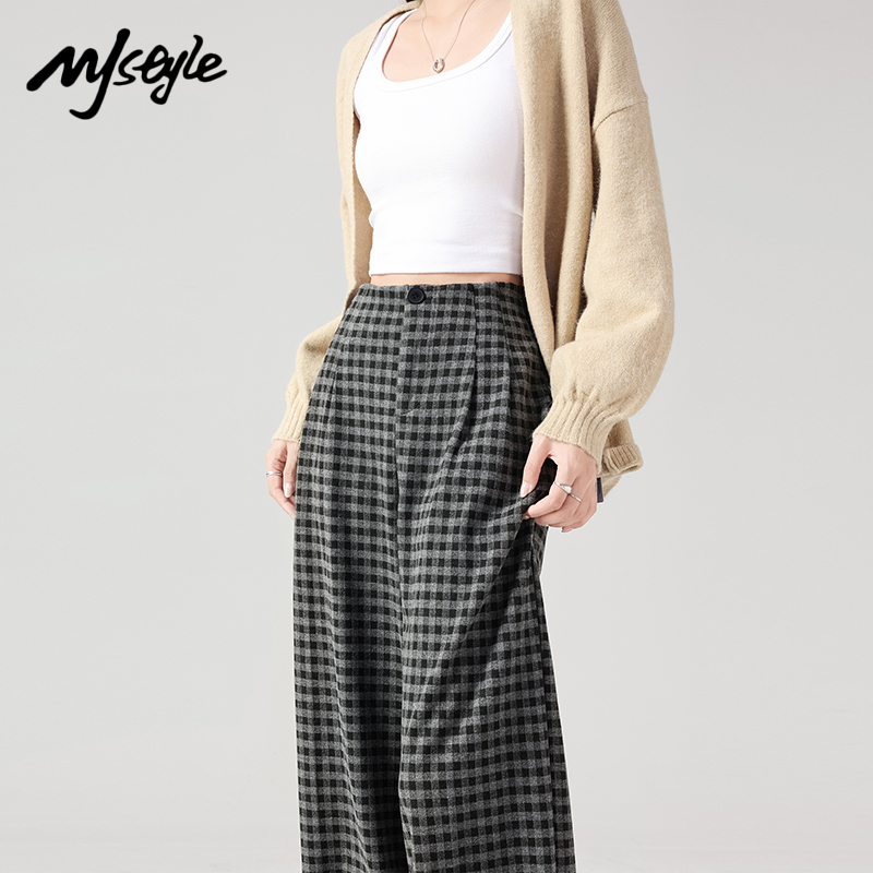 MJSTYLE秋新款休闲格子阔腿裤女