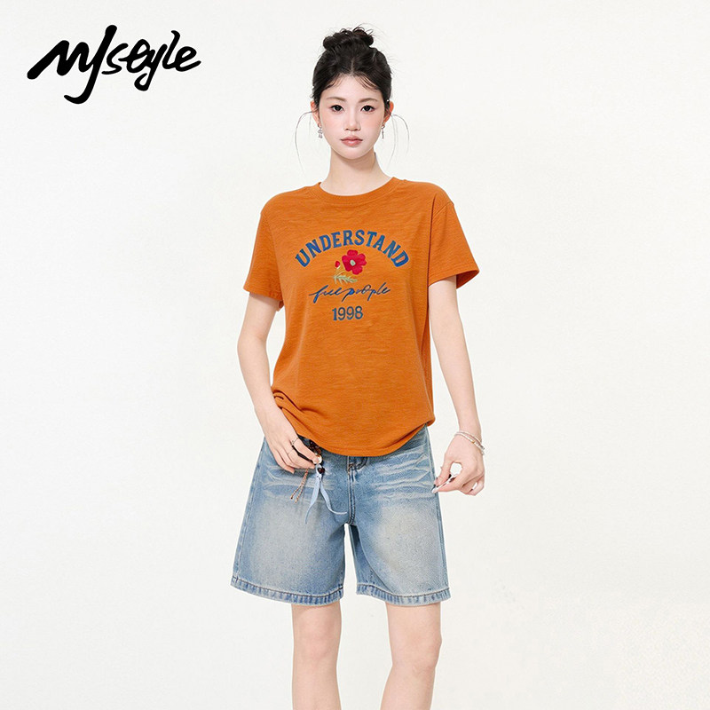 MJSTYLE多巴胺橙色印花短袖女