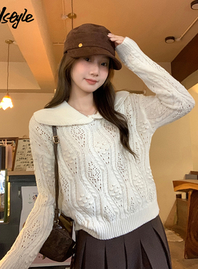 MJ STYLE甜美娃娃领针织衫女2025秋冬新款上衣镂空设计感长袖外套