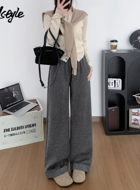 MJ STYLE深灰色卷边毛呢裤女2025秋冬加后高腰显瘦宽松休闲阔腿裤