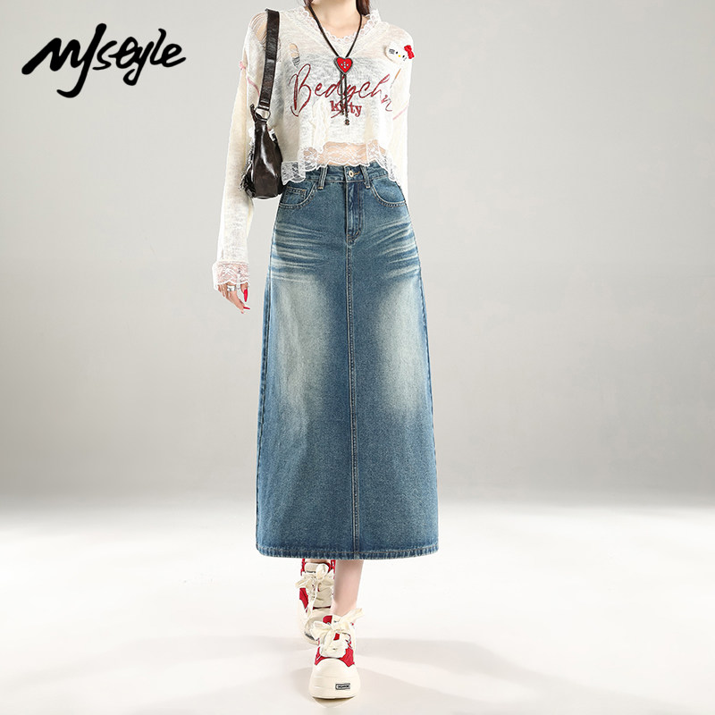 MJ STYLE深色复古牛仔半身裙女2026春季新款小个子高腰显瘦半身裙