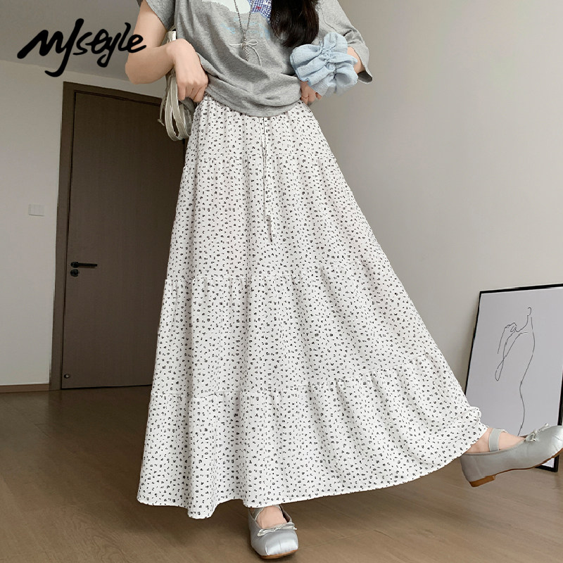 MJ STYLE白色波点半身长裙女2026年夏季薄款裙子高腰大码A字裙子