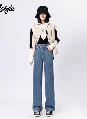 MJ STYLE复古高腰直筒牛仔裤女休闲小个子2025秋季新款阔腿长裤子