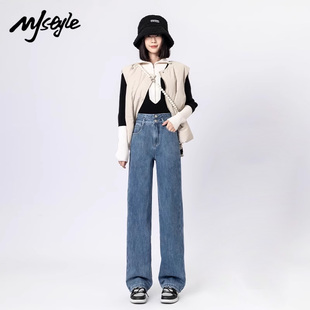 MJ STYLE复古高腰直筒牛仔裤女休闲小个子2025秋季新款阔腿长裤子