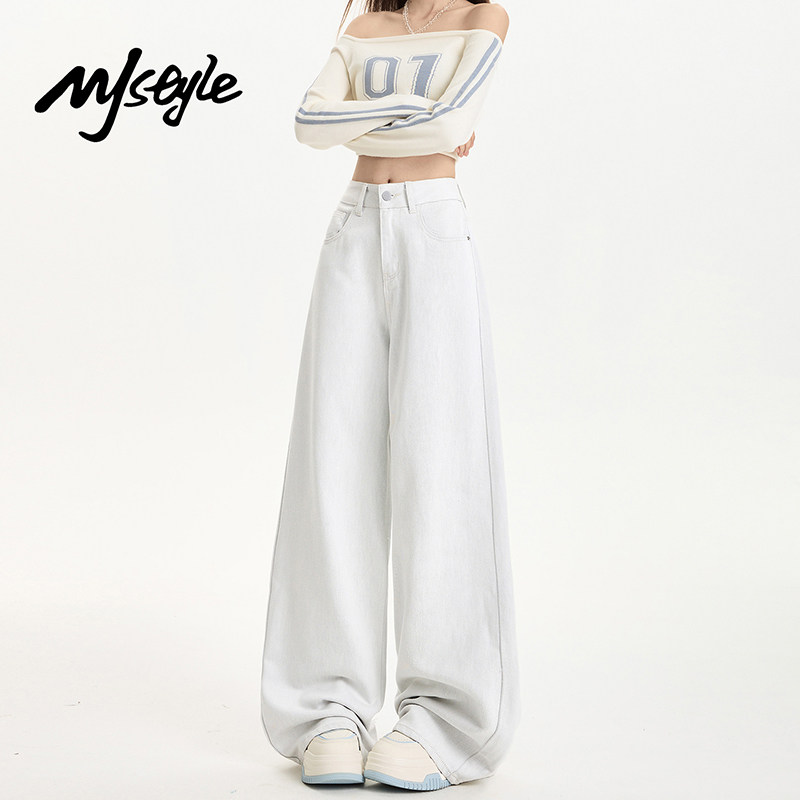 MJ STYLE美式白色大码牛仔裤女2026年春季新款阔腿裤拖地直筒裤子