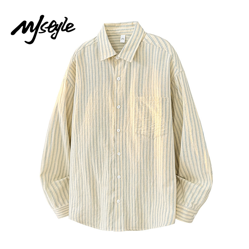 MJ STYLE日系条纹衬衫男女同款2026夏季新款polo领上衣情侣外套