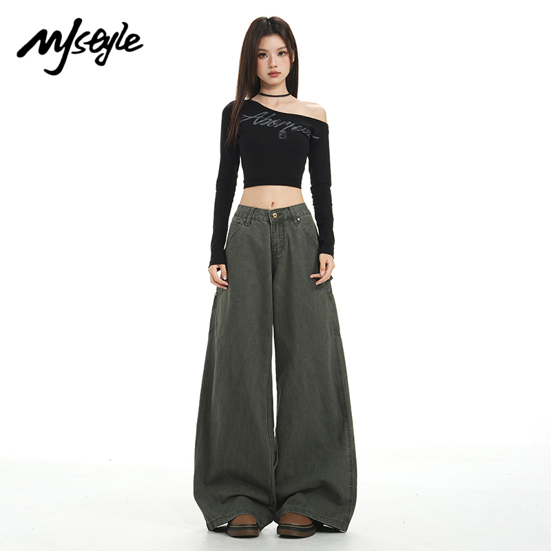 MJSTYLE美式宽松灰绿牛仔裤女秋