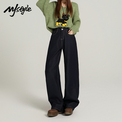MJ STYLE美式加绒牛仔裤女2025秋冬新款直筒裤高腰小个子阔腿裤
