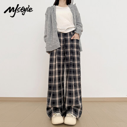 MJ STYLE蕾丝格子休闲裤女2025秋季新款直筒裤高腰小个子阔腿裤