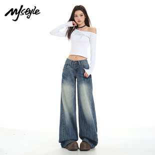 女2025秋季 深蓝色牛仔裤 新款 直筒裤 高腰小个子直筒裤 STYLE美式