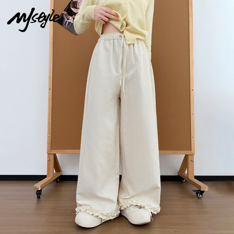 MJ STYLE木耳边垂感阔腿裤女2026年新款裤子高腰小个子慵懒拖地裤