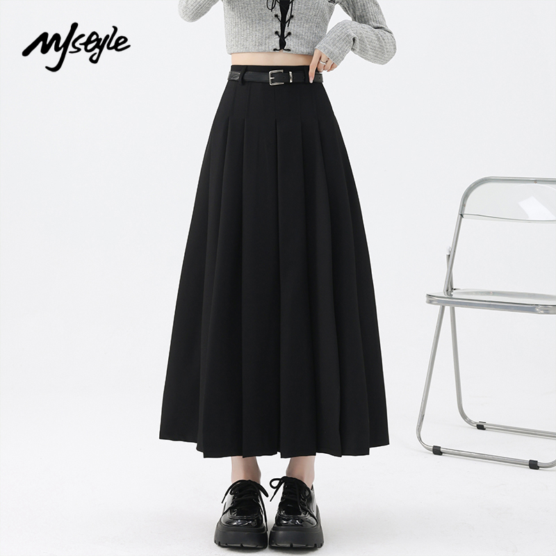 MJ STYLE黑色西装百褶裙女2025夏季新款a字裙高腰小个子半身裙
