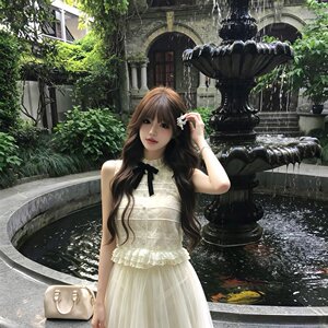 气质一整套ootd穿搭千金风设计感蕾丝无袖上衣半裙两件套装2026夏