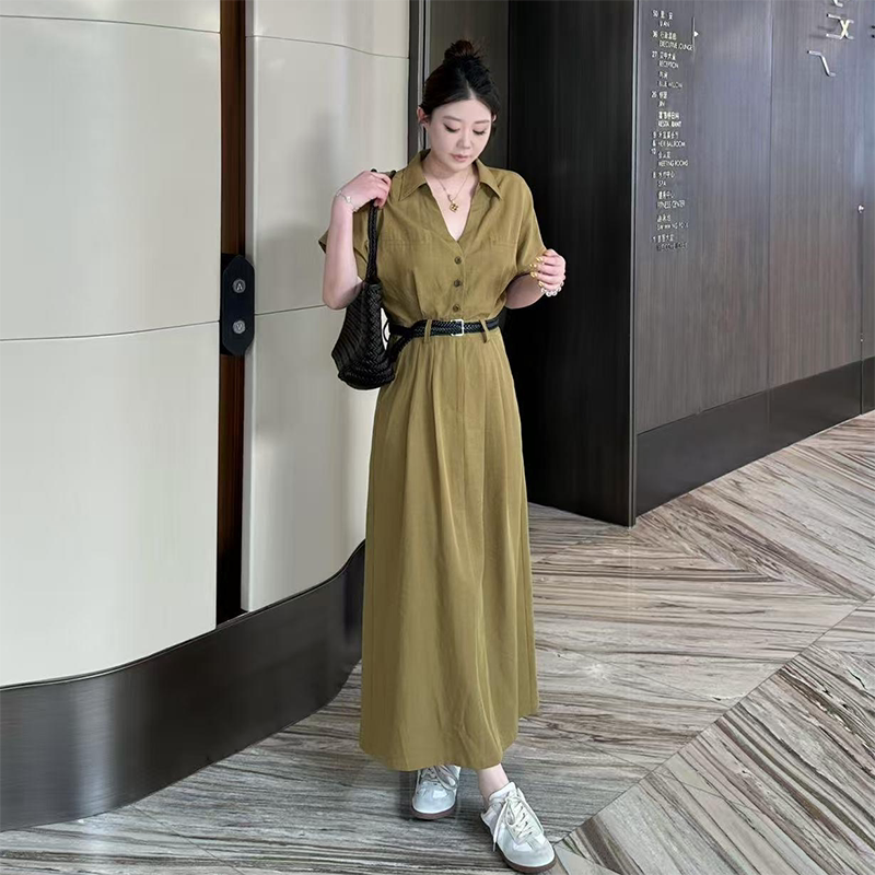 大码气质松弛感收腰衬衫连衣裙女2025夏季新款胖mm收腰显瘦长裙子