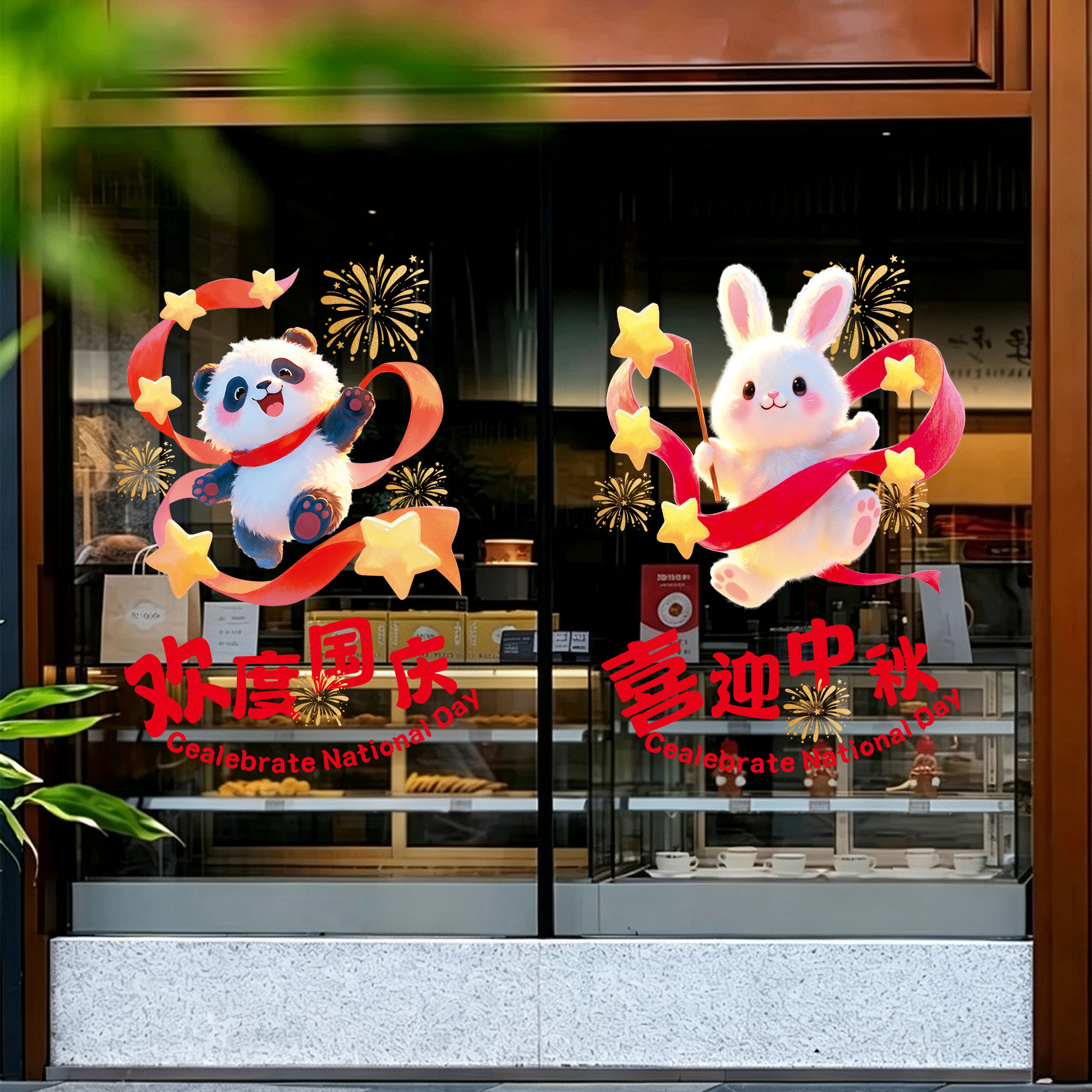 中秋国庆节装饰品橱窗氛围场景布置静电窗花贴商场店铺玻璃门贴纸
