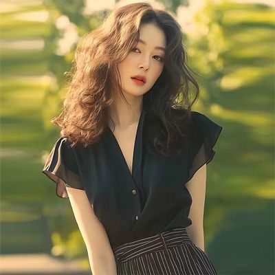 法式高级感黑色雪纺上衣女