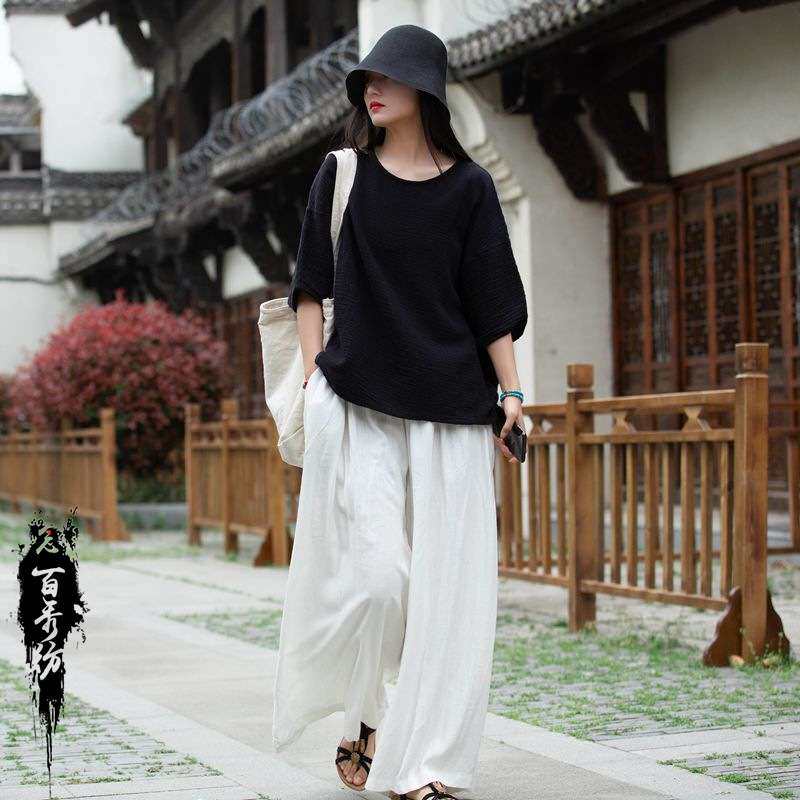 2025夏棉麻女装新品双层竹节肌理感圆领宽松设计女式蝙蝠衫T恤衫