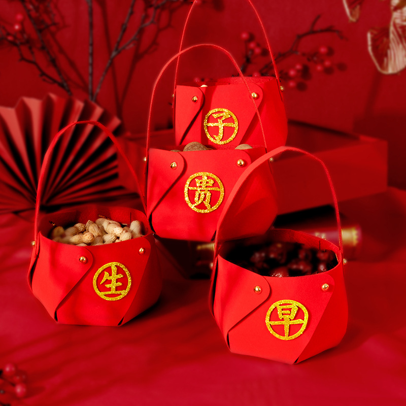 优惠结婚用品早生贵子植绒提篮婚礼婚房装饰摆件压床手提篮