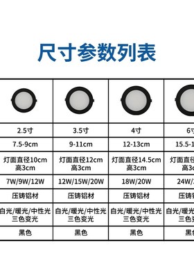 led黑色筒灯天花灯超薄4寸6寸嵌入式孔灯开孔14 16 20 21公分洞灯