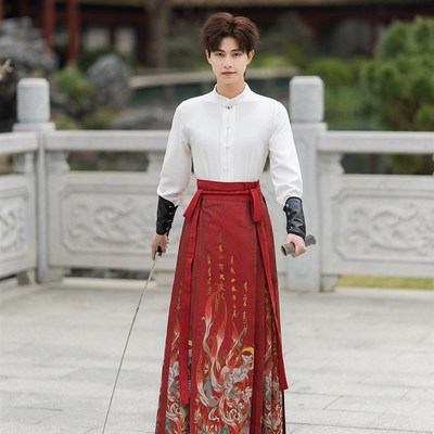古风九尾狐织金红色新中式男装马面裙上衣男士汉服中国风武侠古装