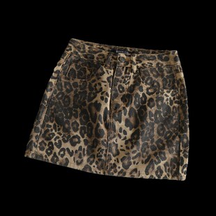 欧美街头复古狂野性感修身包臀高腰豹纹牛仔半身裙女A字短裙