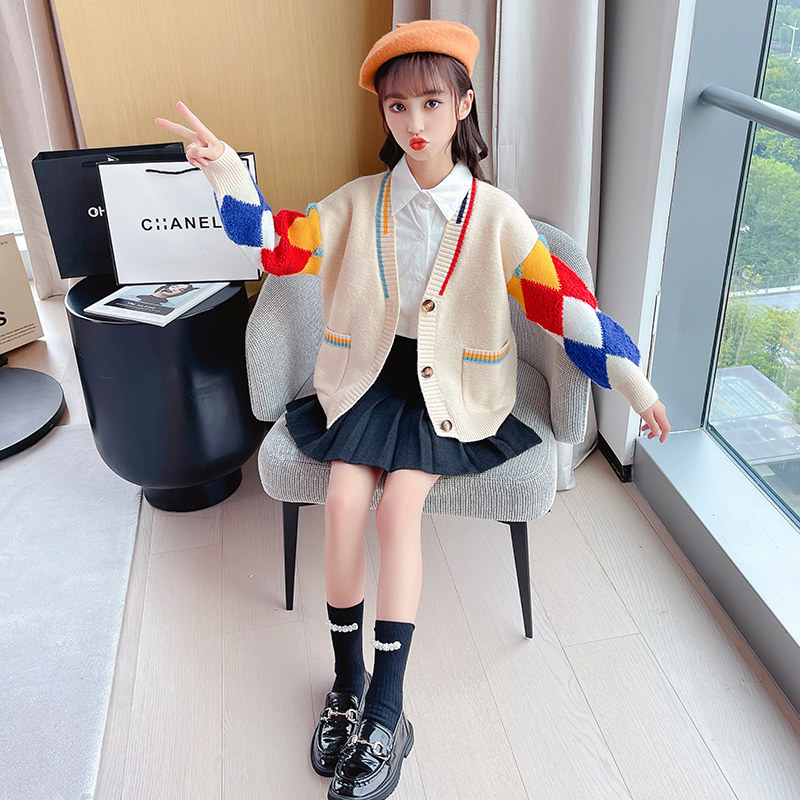 女童开衫毛衣秋冬季2021新款中大童加绒加厚外搭针织衫毛线衣外套