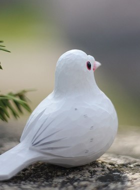 鹿妖商店 肥啾鸟木雕小鸟 和平鸽子 白鸽手工实木桌面摆件 小胖鸟