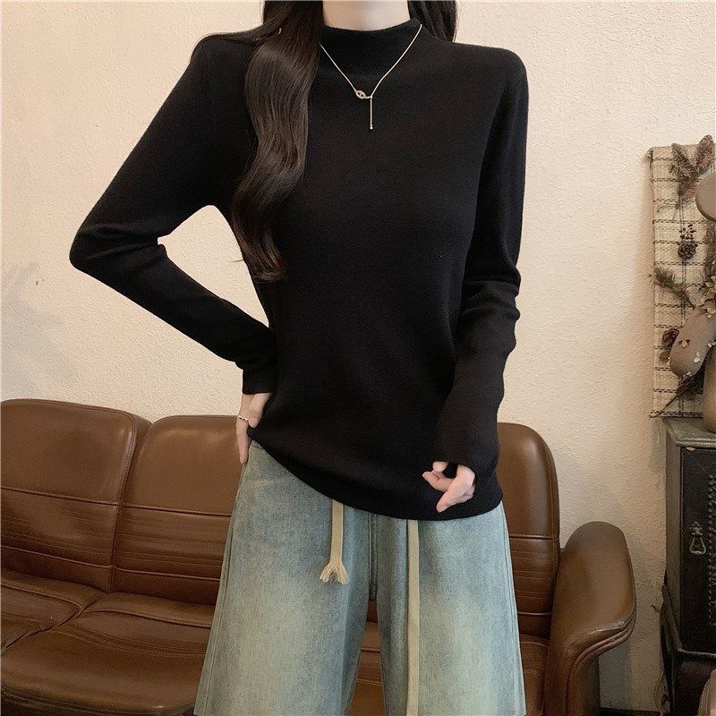 粉色毛衣女秋冬半高领修身显瘦加厚一体绒保暖长袖打底针织衫上衣