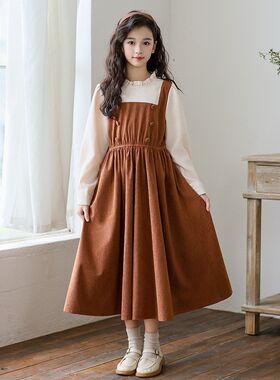 女童假两件连衣裙秋冬长袖灯芯绒裙子2024新款中大童学生洋气长裙