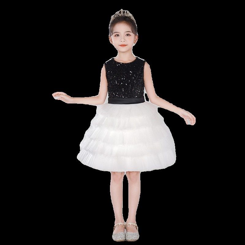 女童高端礼服黑白网纱蛋糕裙女孩小提琴演奏比赛公主裙钢琴演出服