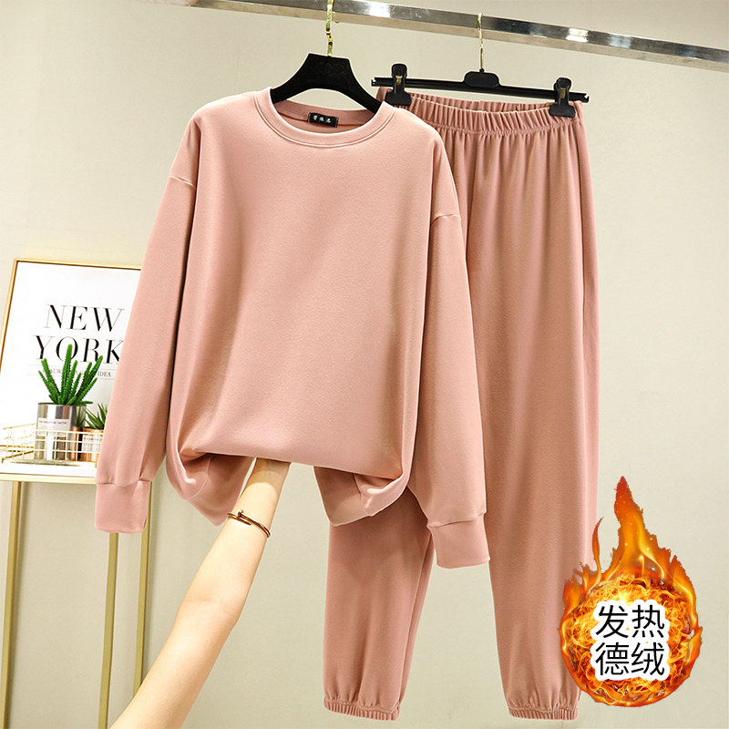 德绒家居套装女冬季休闲大码打底上衣加绒加厚宽松睡衣睡裤两件套