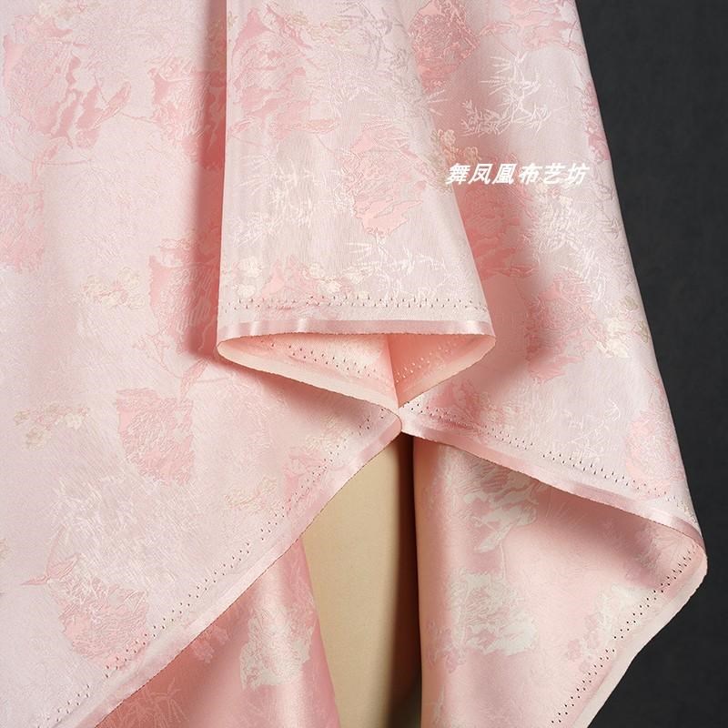 浅粉色 春和景明竹子织锦缎提花面料 中式旗袍甜美连衣裙绸缎布料