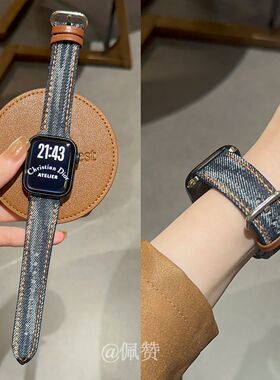 老钱风丹宁oppowatch3/2/X/3pro/4pro手表表带皮质牛仔帆布女适用