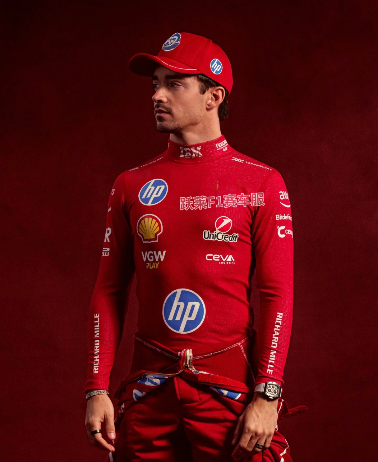 【现货秒发】2025新款F1赛车服车队场乐扣老汉同款修身红色长袖