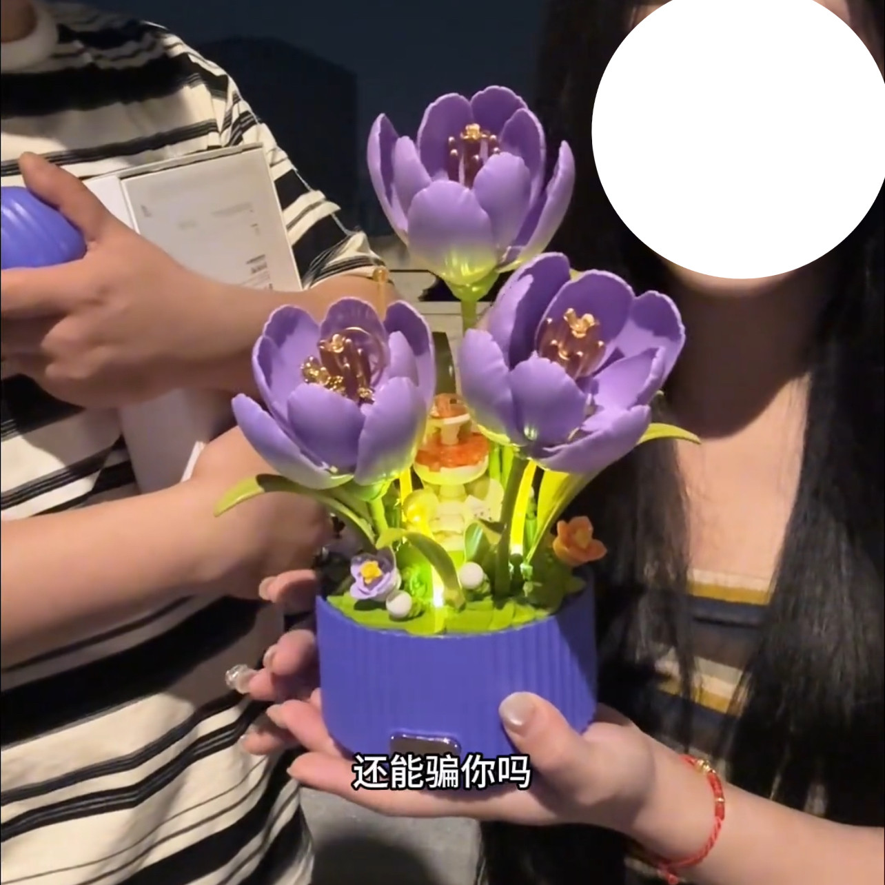 新款紫色郁金香绽放花园动态灯光永生花积木diy手工拼装3d立体