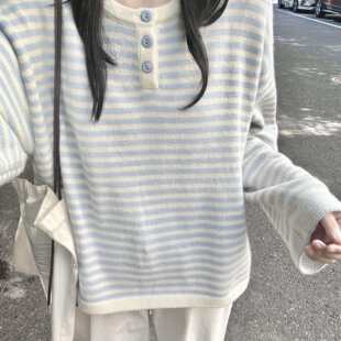 慵懒风蓝色条纹针织衫女套头圆领纽扣宽松毛衣少女上衣