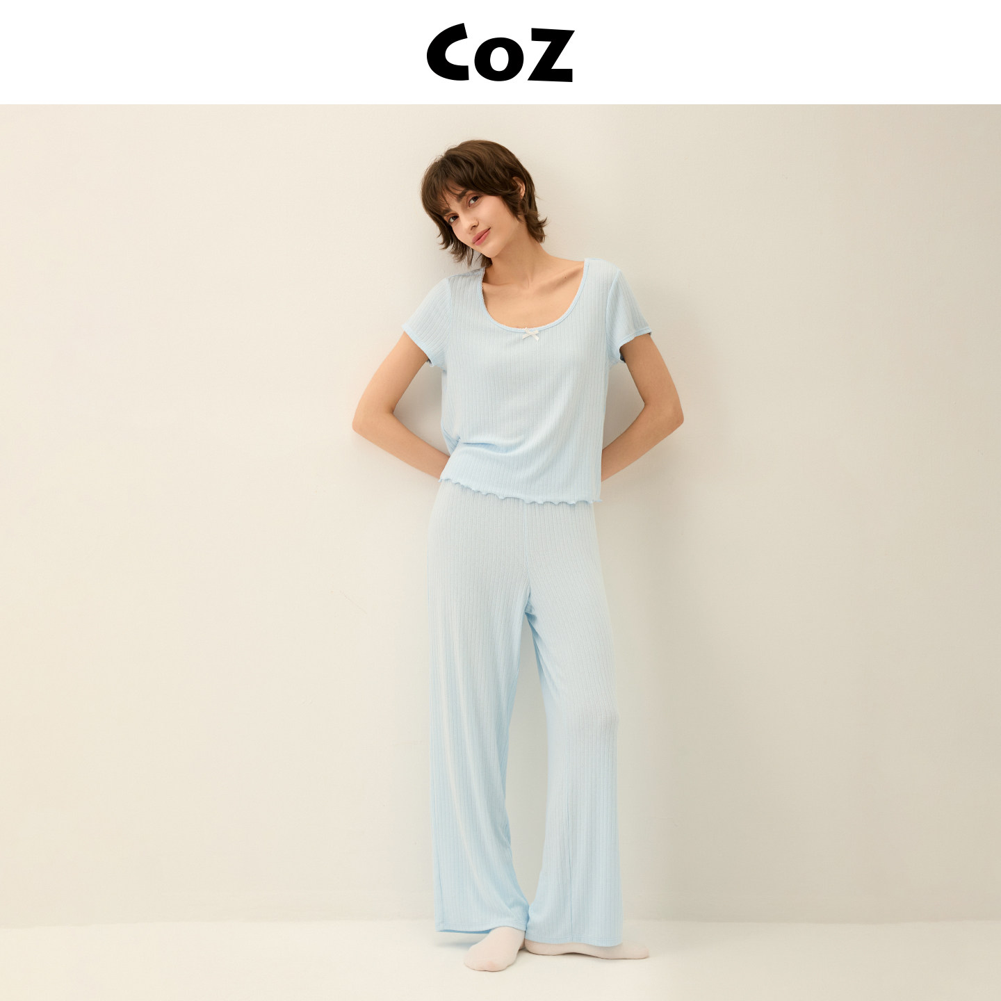 【线下同款】CoZ可外穿家居服女移圈罗纹提花针织T恤镂空上衣新款
